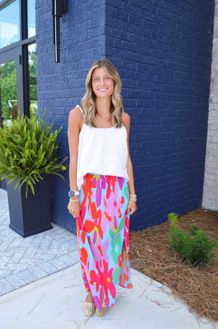 Big Floral Pleated Maxi Skirt