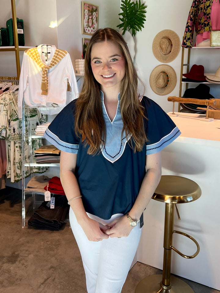 Navy Wide Sleeve V-Neck Top