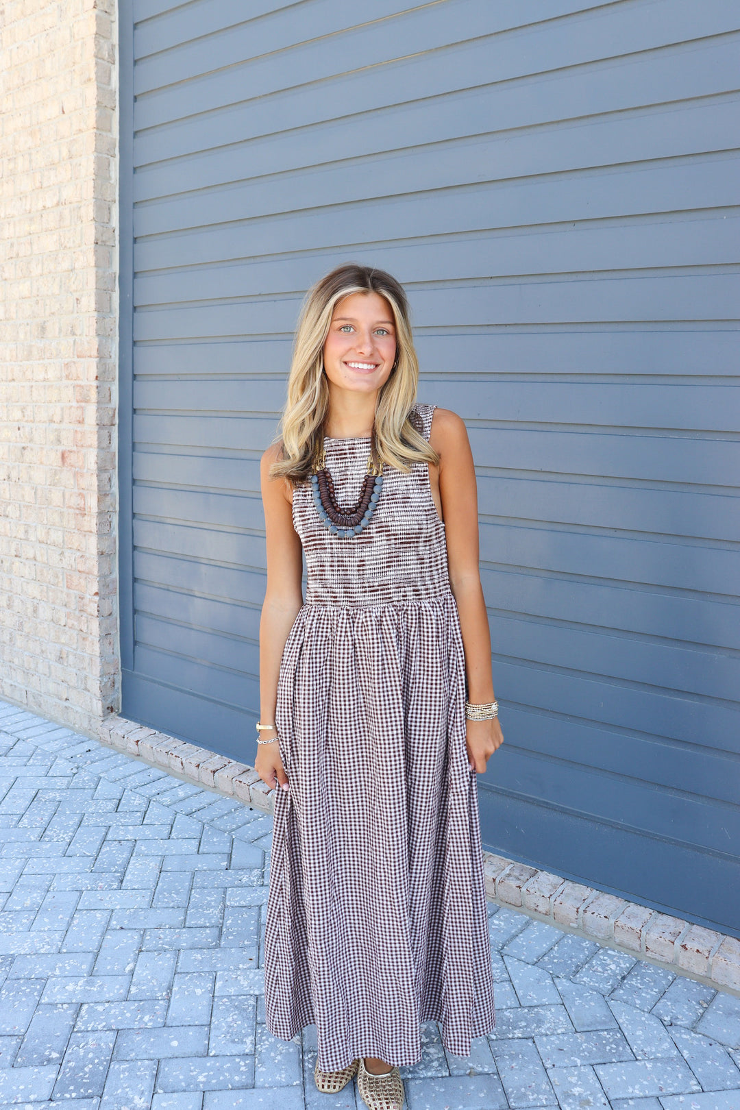 Smocked Brown Gingham Maxi Dress