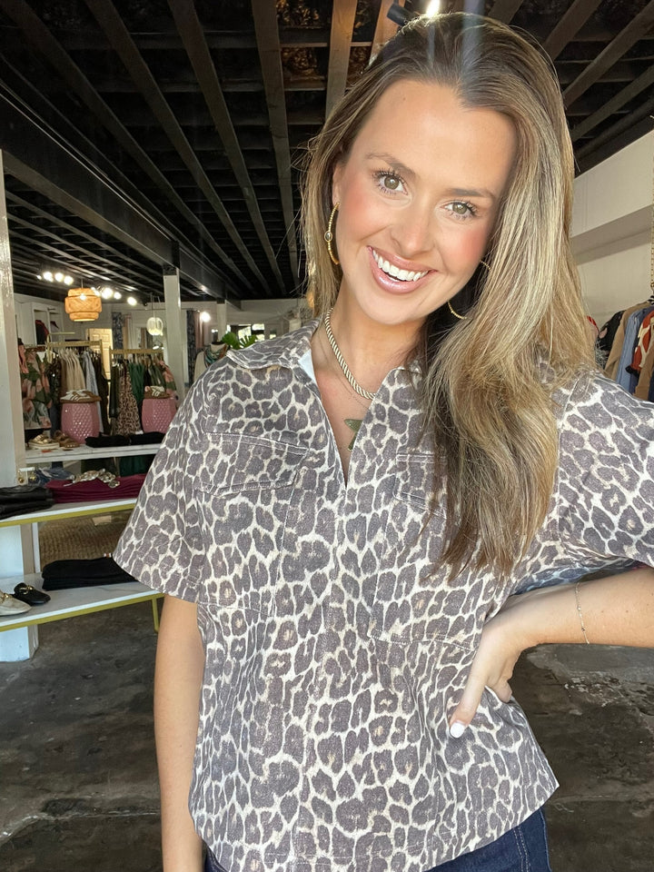 Leopard Denim Pocket Top