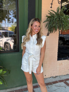 White Belted Denim Romper