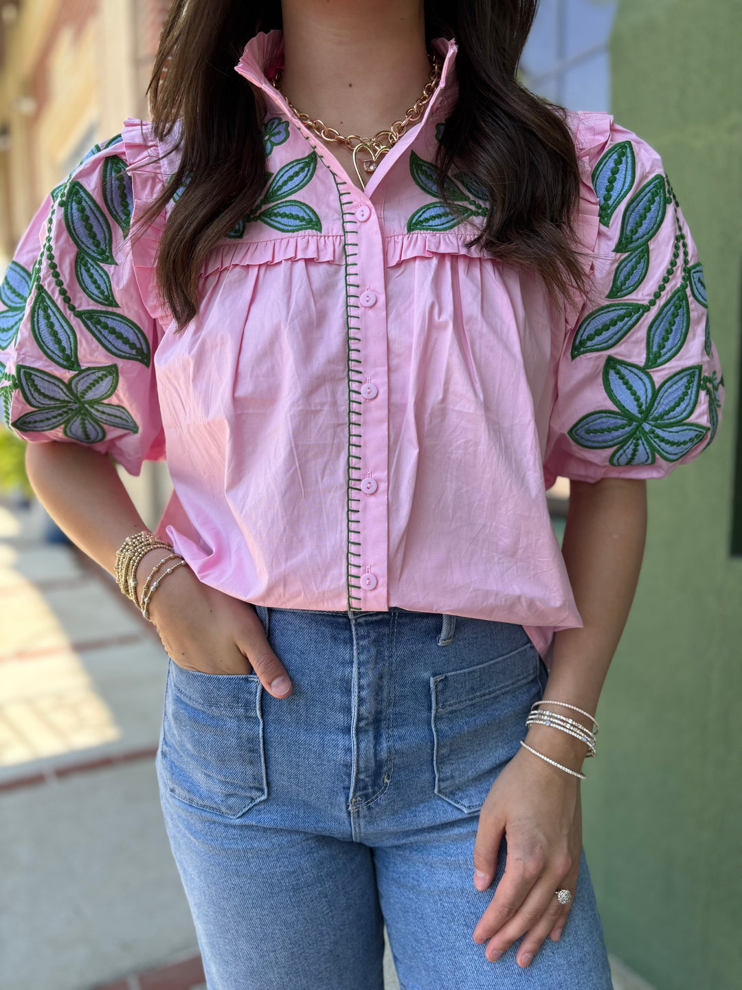 Pink Embroidered Poplin Top