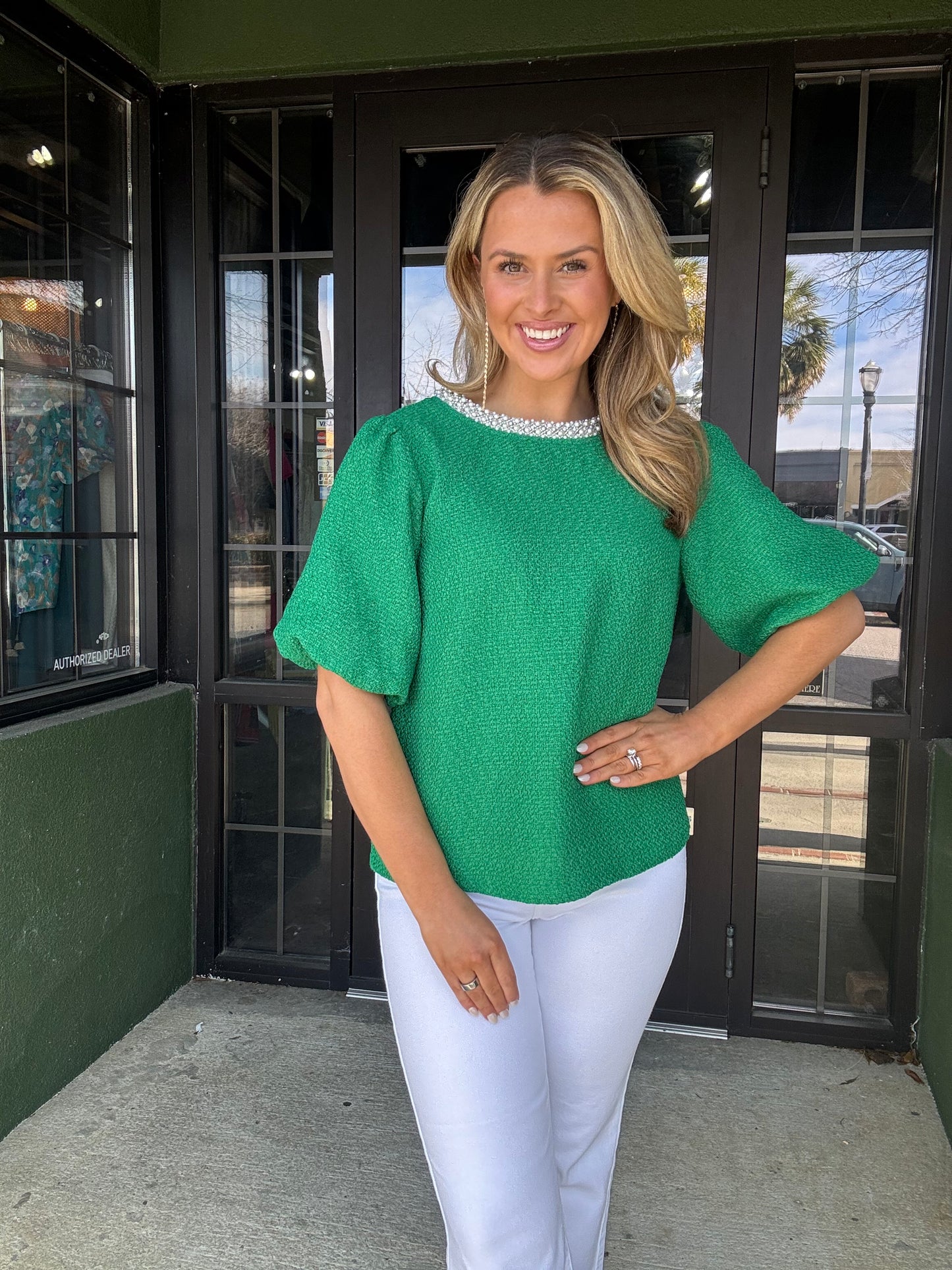 Pearl Trim Green Top