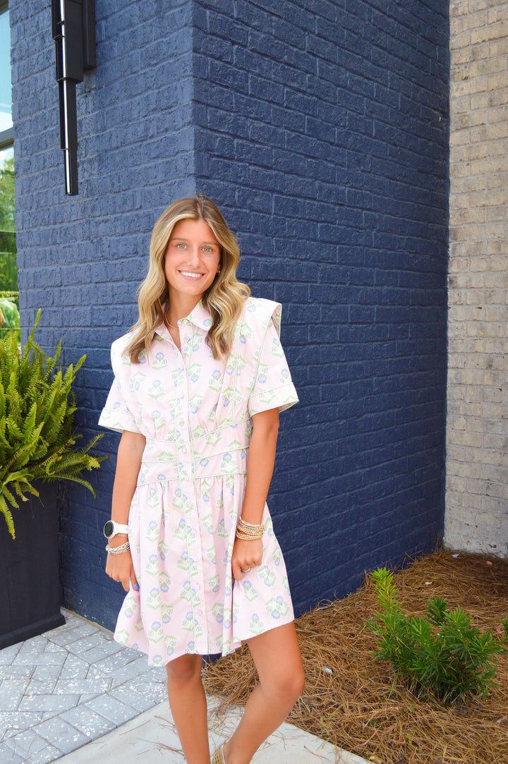 Pink French Floral Shirt Dress