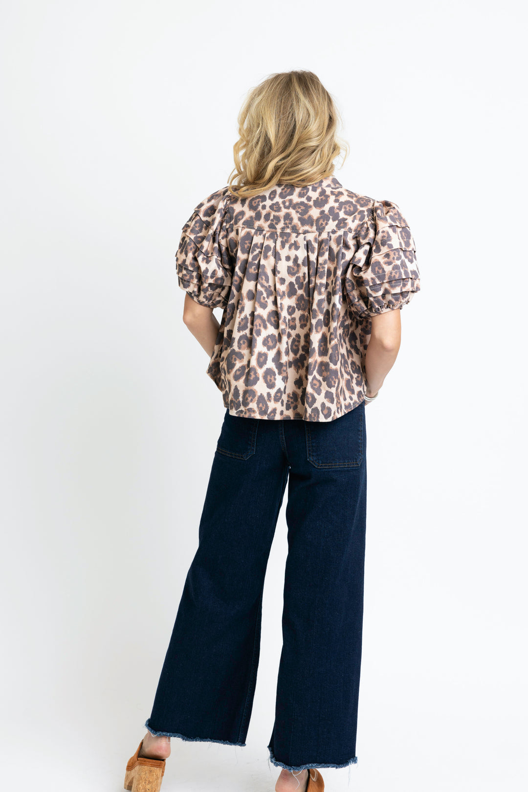 Denim Leopard Pleated Sleeve Top