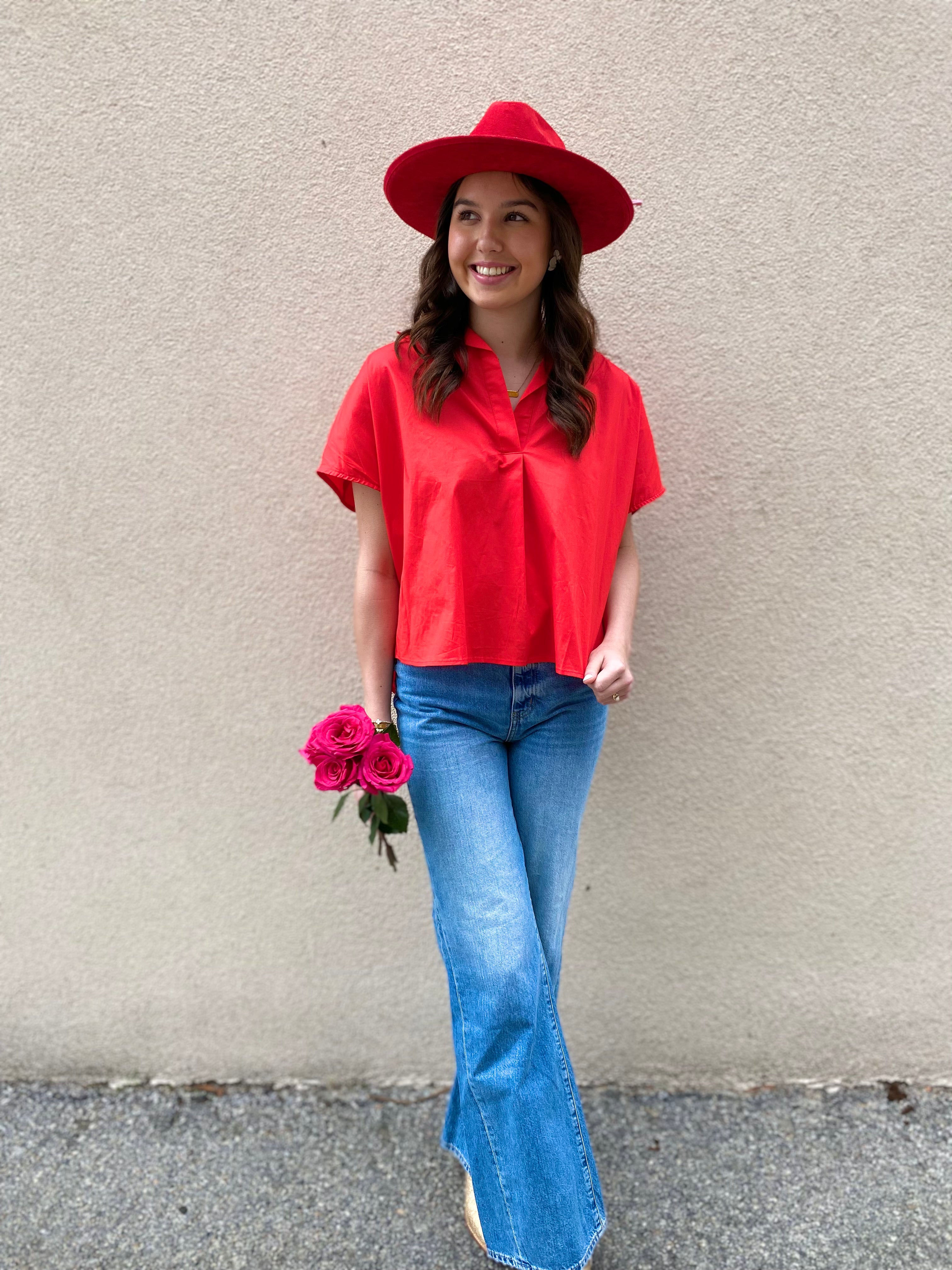 Red Solid Poplin Top