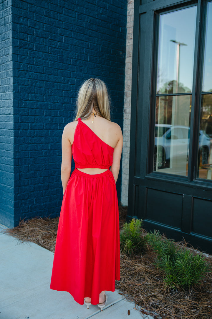 Red Poplin One Shoulder Maxi Dress
