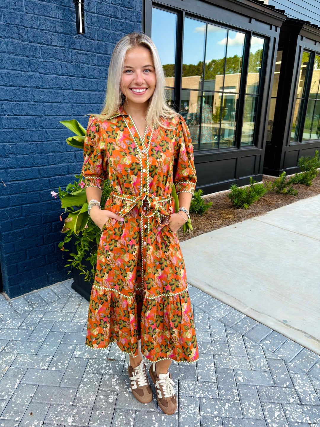 Puff Sleeve Print Midi Dress