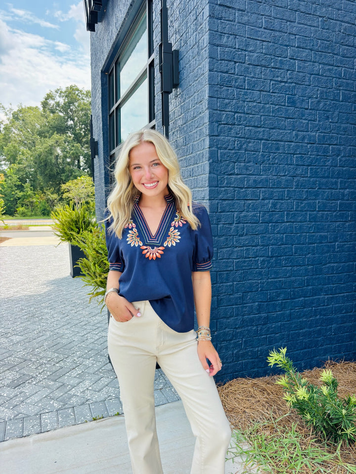 Navy Embroidered Sleeve Top