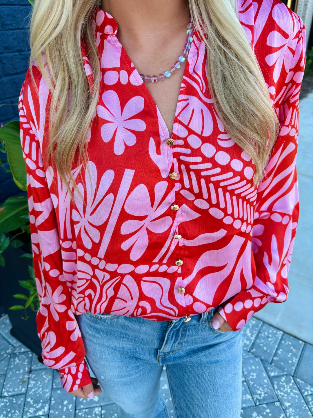 Hibiscus Flame Button Blouse