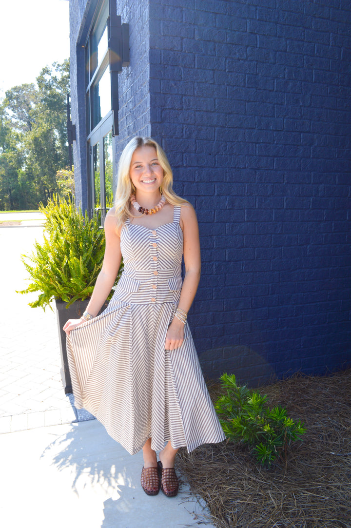Pleated Midi Dress in Sandstone Stripe