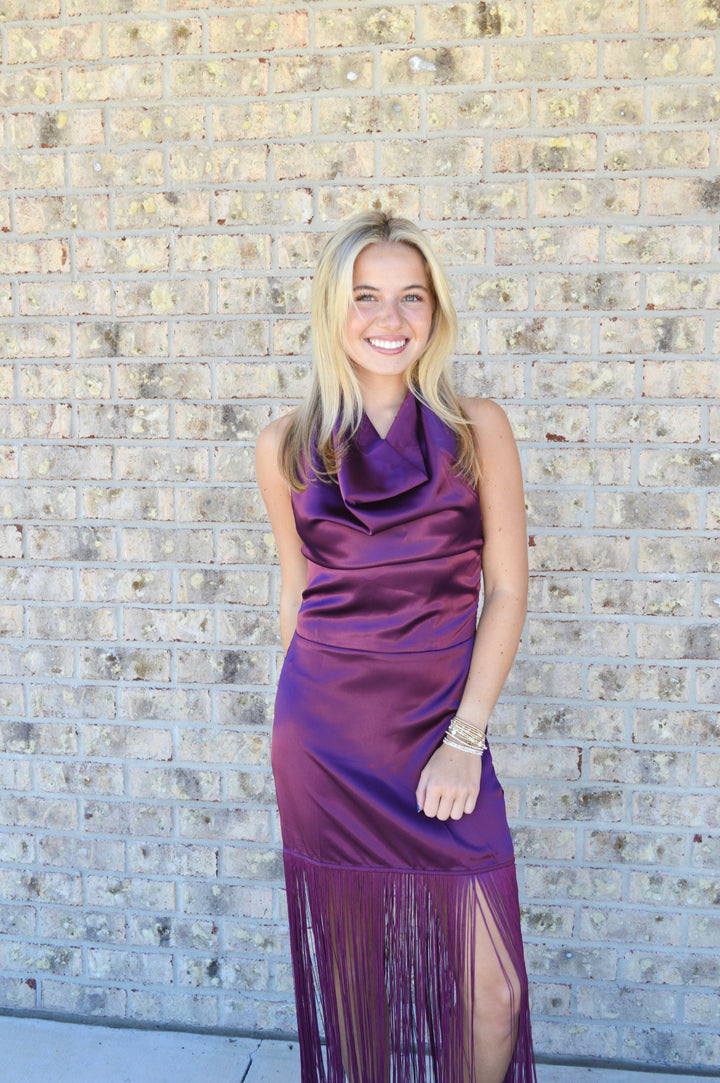 Satin Cowl Neck Fringe Halter Midi Dress