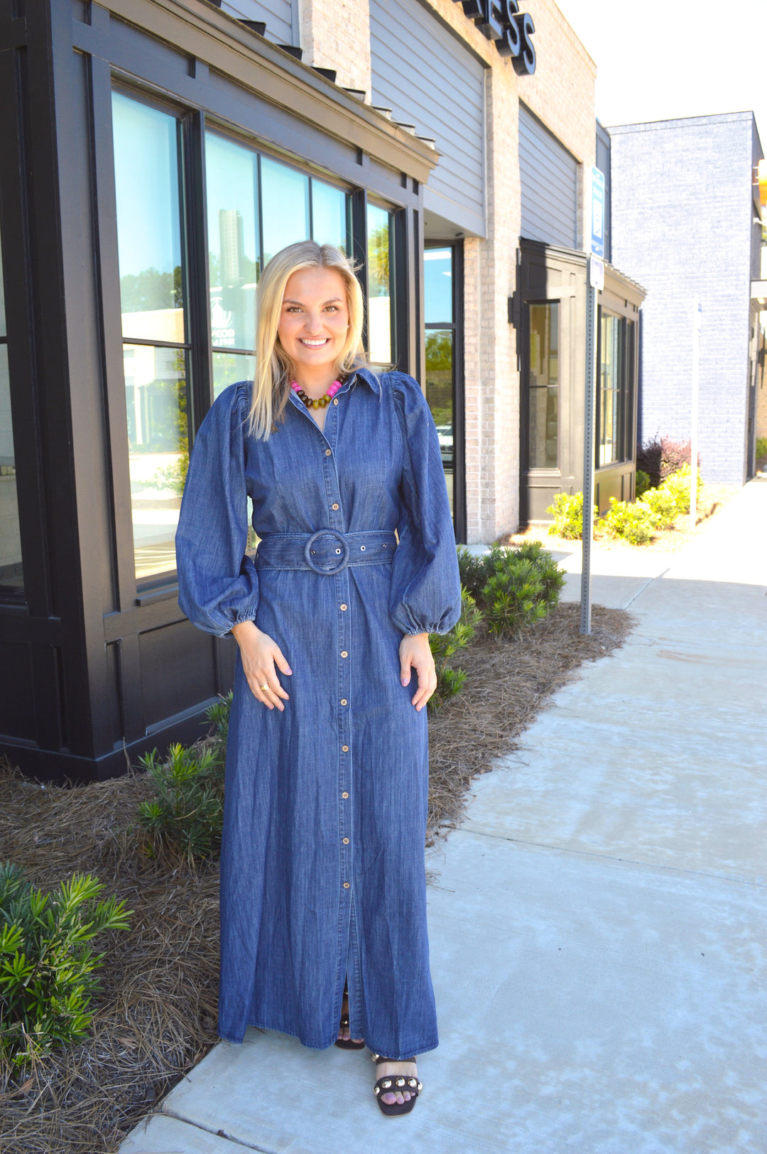 Denim Puff Slv Maxi Dress W/Belt