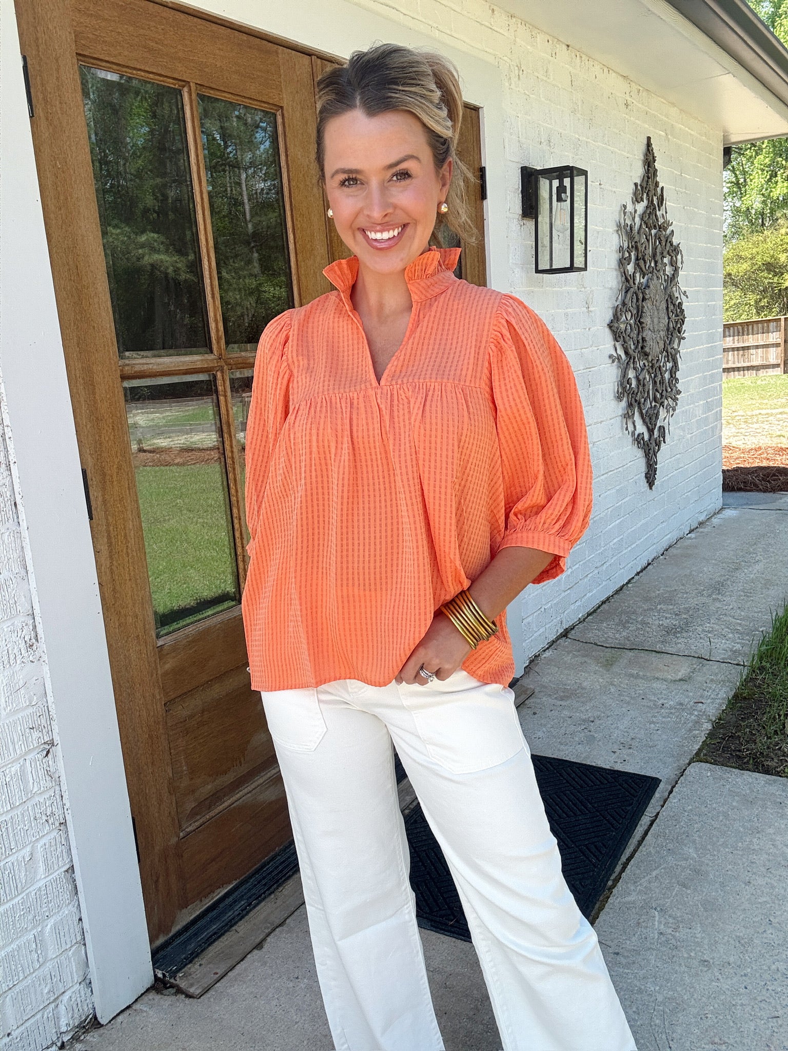 Orange High Neck Ruffle Top