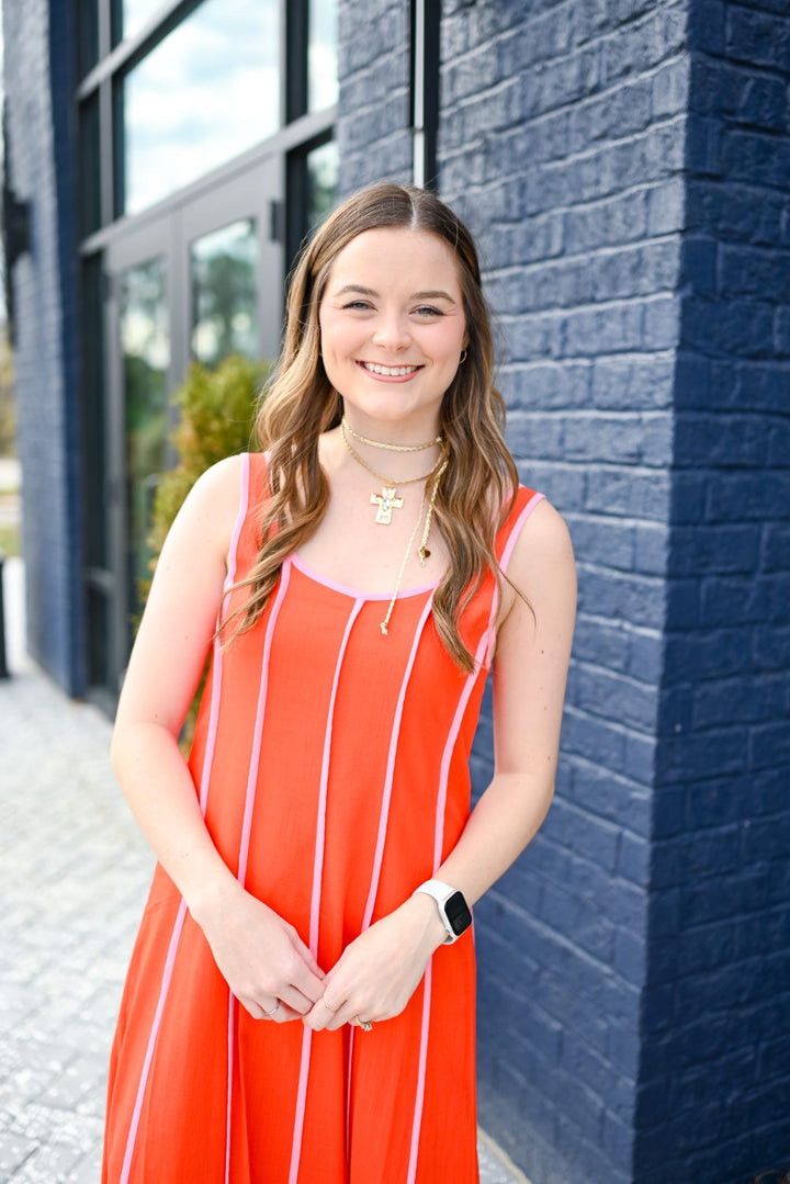 Coral Striped Sleeveless Dress