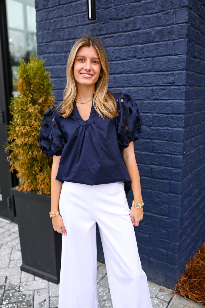 Navy Eyelet Sleeve V-Neck Top