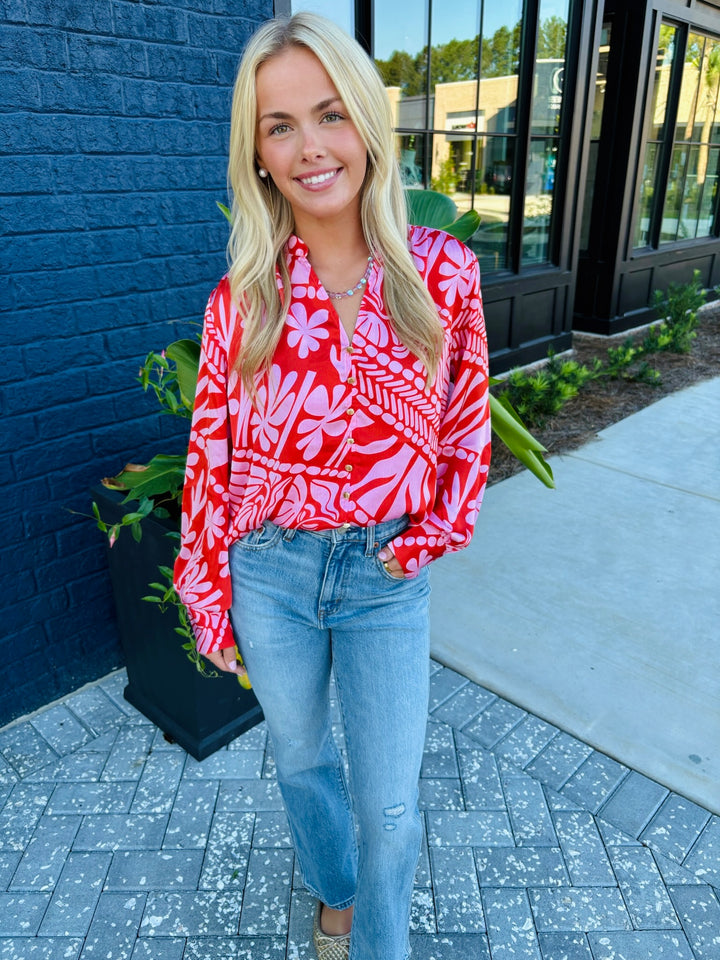 Hibiscus Flame Button Blouse