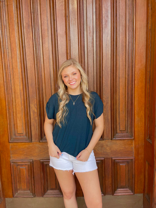 Navy Ruched Sleeve Top