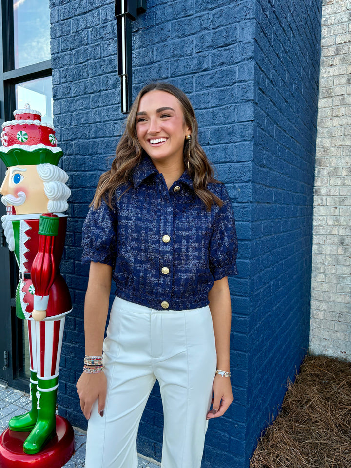 Navy Tweed Cropped Jacket