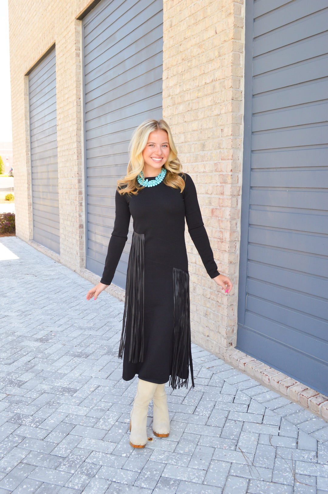 Black Fringe Long Sleeve Dress