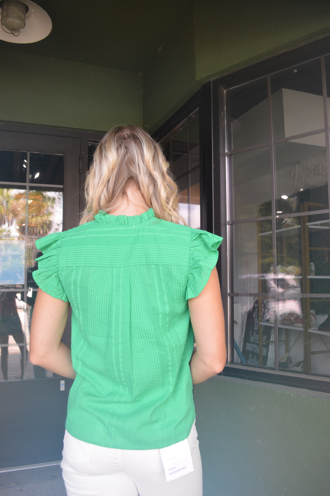 Green Flutter Sleeve Button Down Top