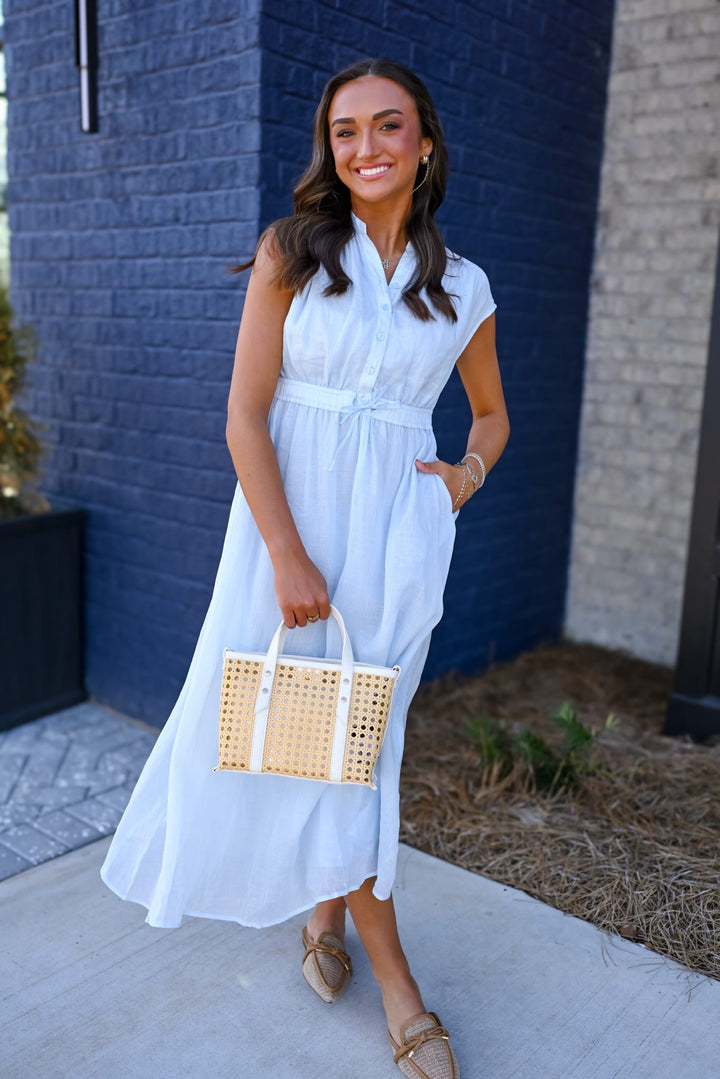 Blue Belted Midi Dress