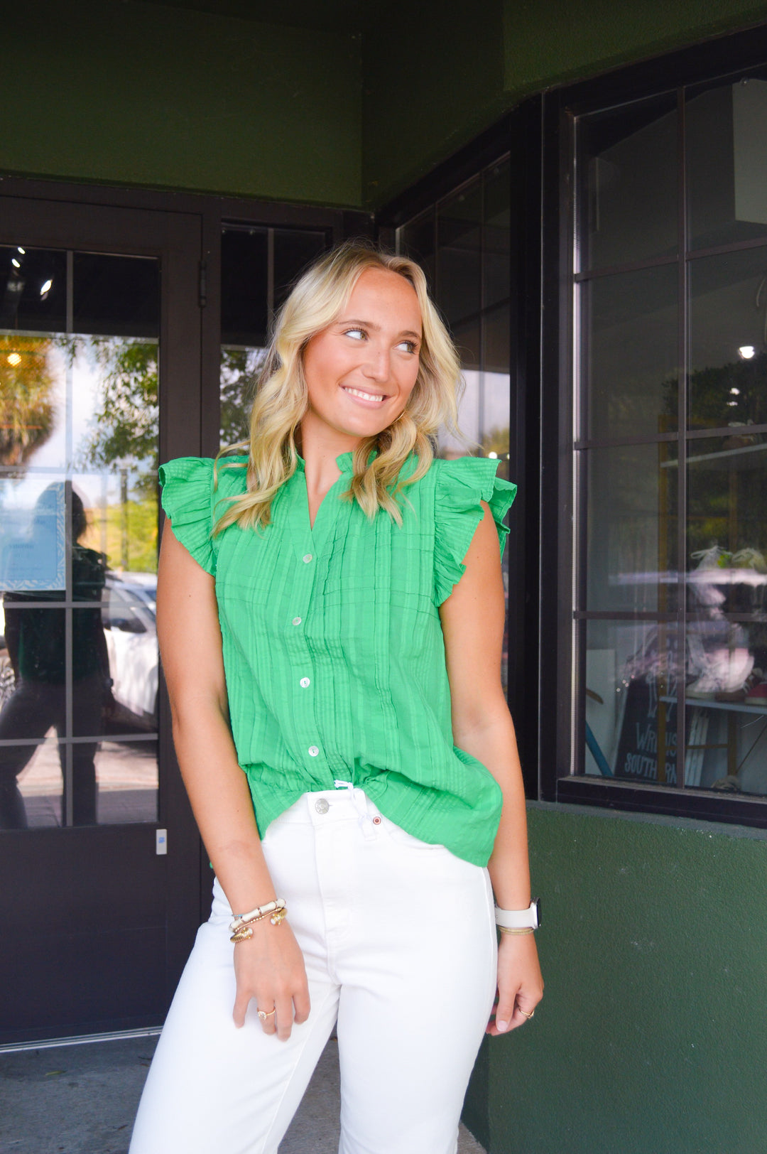 Green Flutter Sleeve Button Down Top