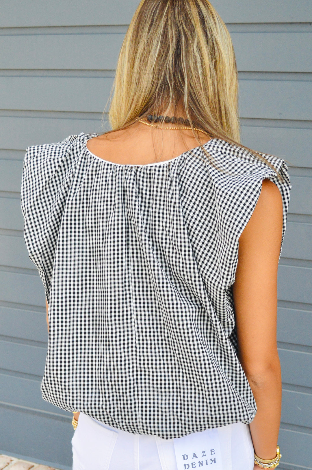 Poplin V-Neck Gingham Sleeveless Top