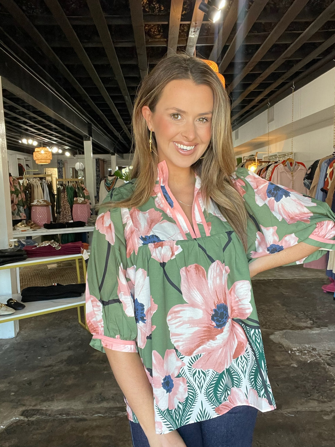 Olive Bloom Collared Puff Sleeve Top