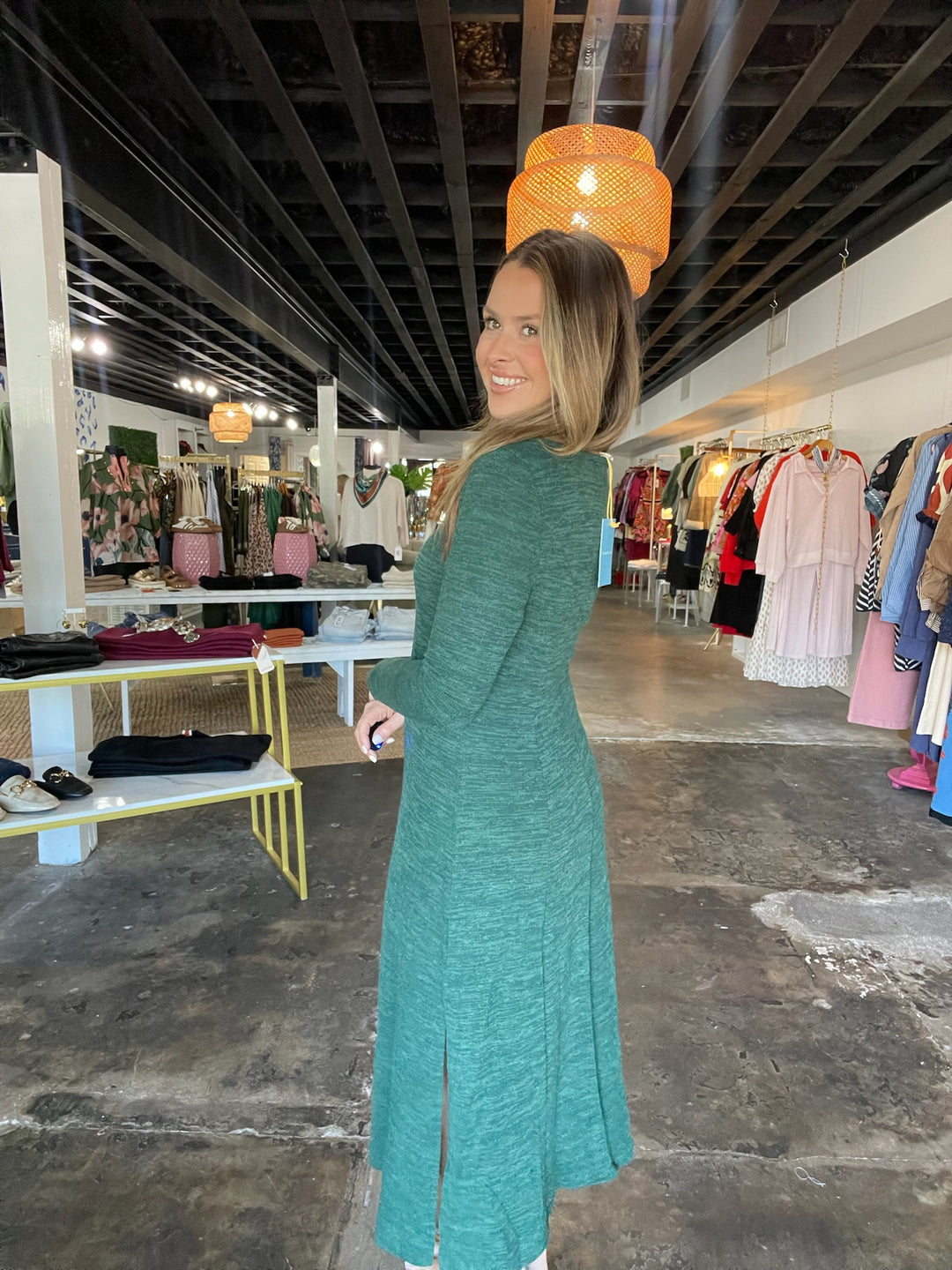 Green Ribbed Knit Midi Dress