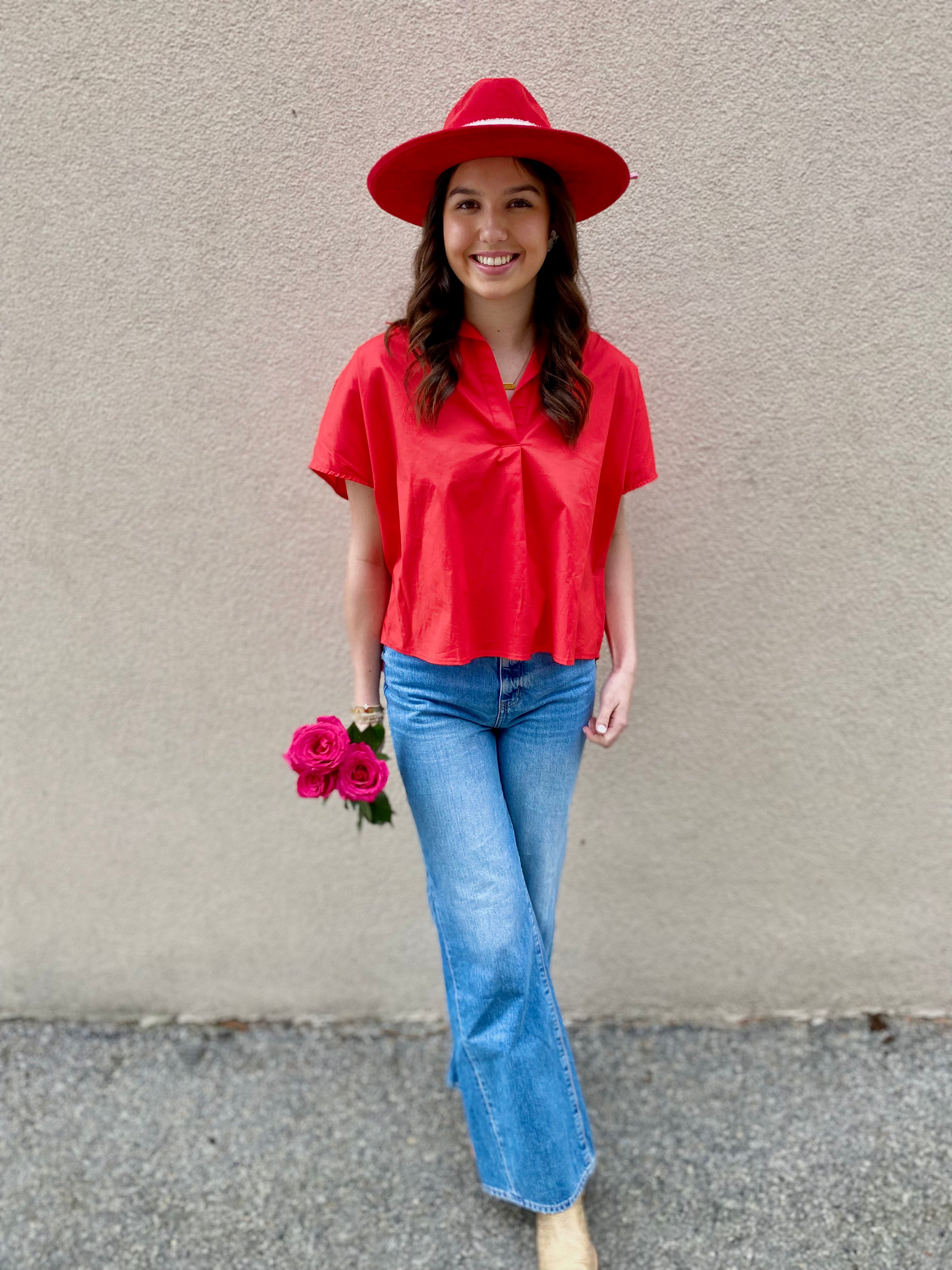 Red Solid Poplin Top