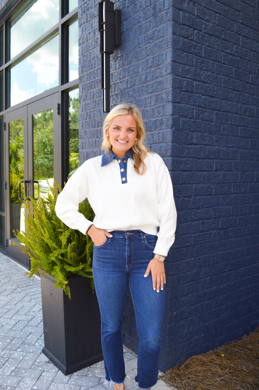 Denim-Collared Knit Top