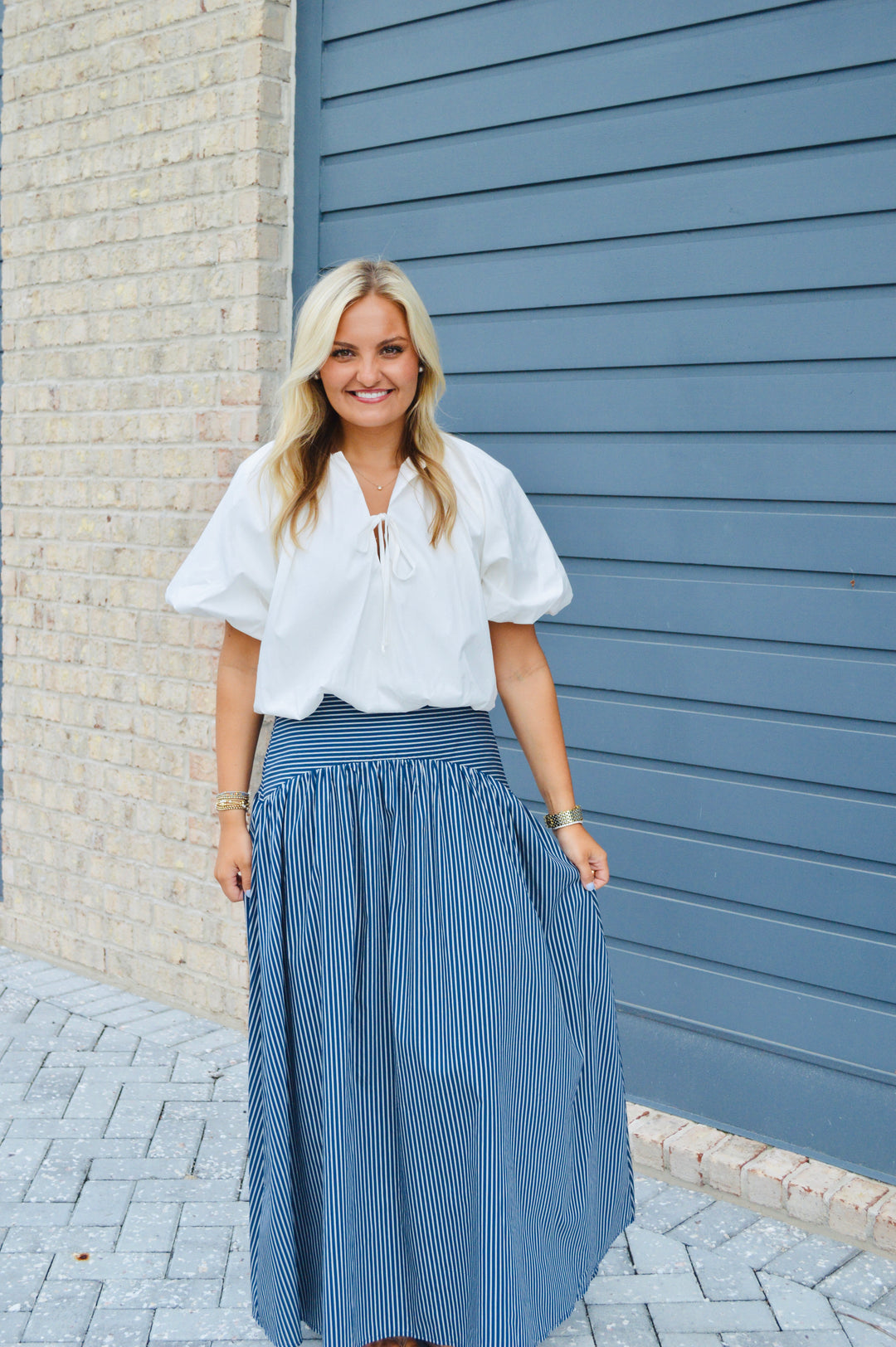 Blue Stripe Curved Maxi Skirt
