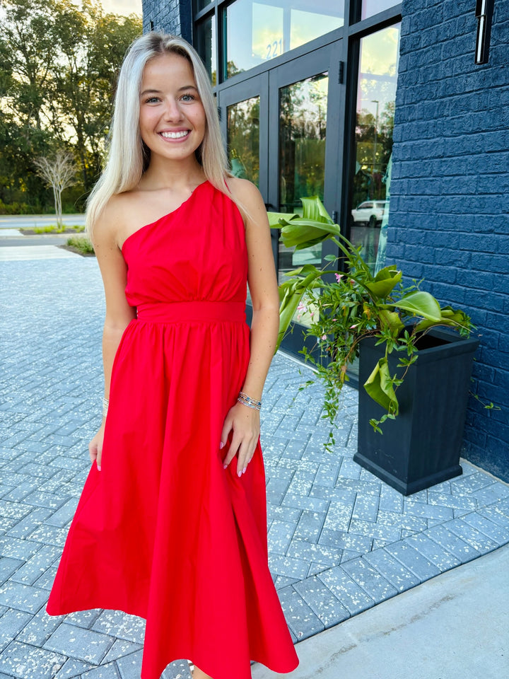 Red Poplin One Shoulder Maxi Dress