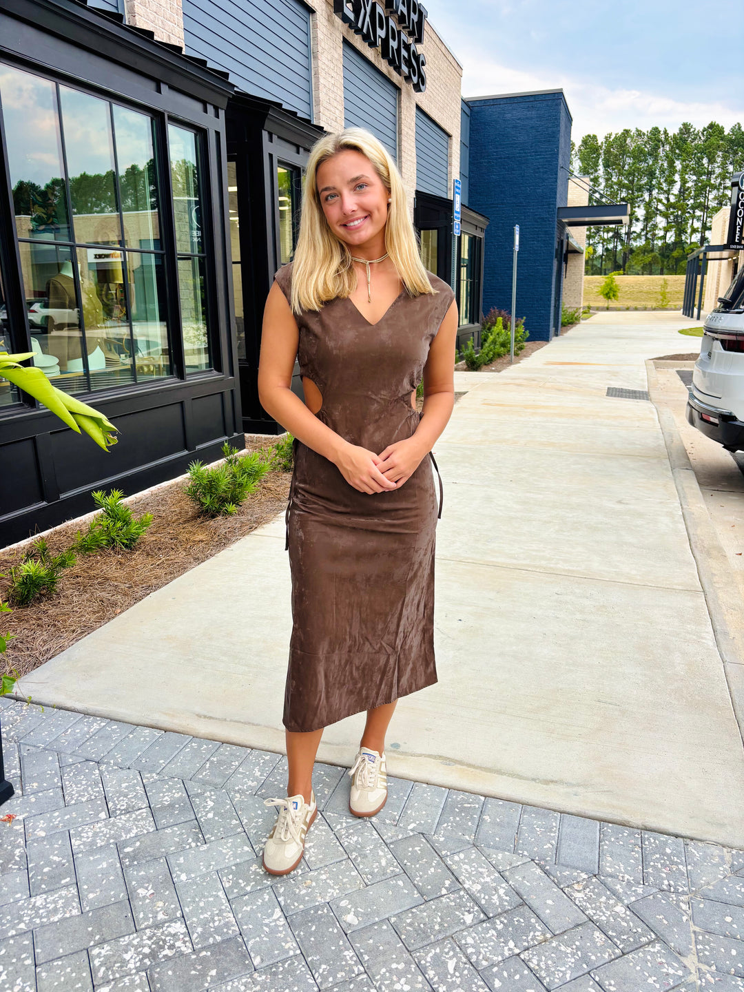 Brown Vegan Leather Cutout Dress