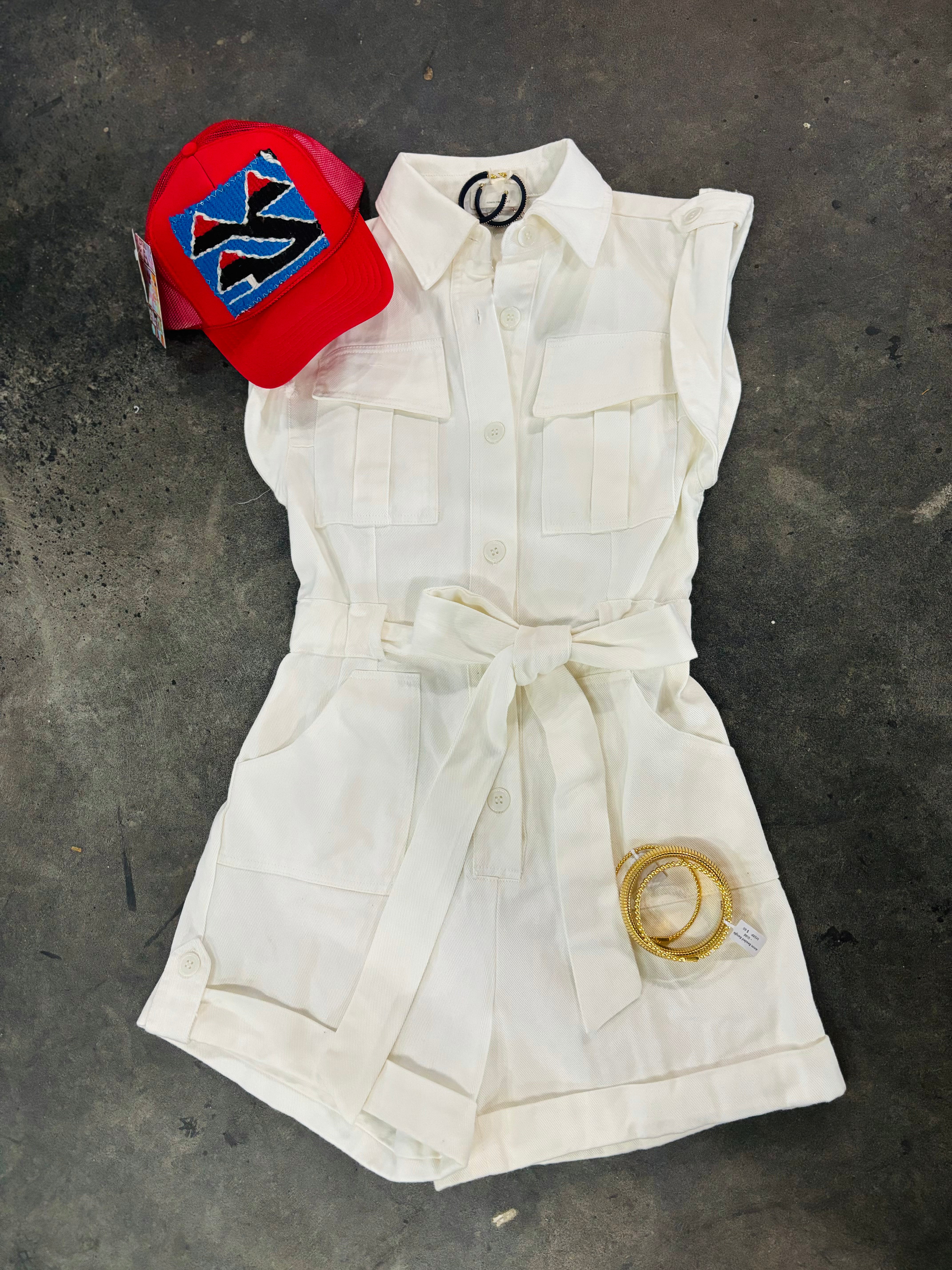 White Belted Denim Romper