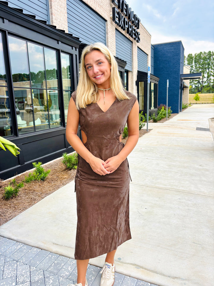 Brown Vegan Leather Cutout Dress