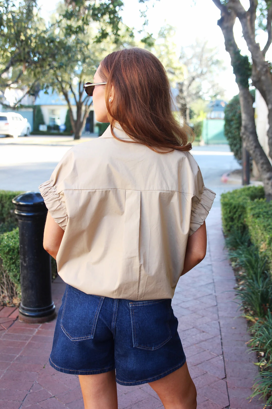 Khaki Poplin Jeweled Top