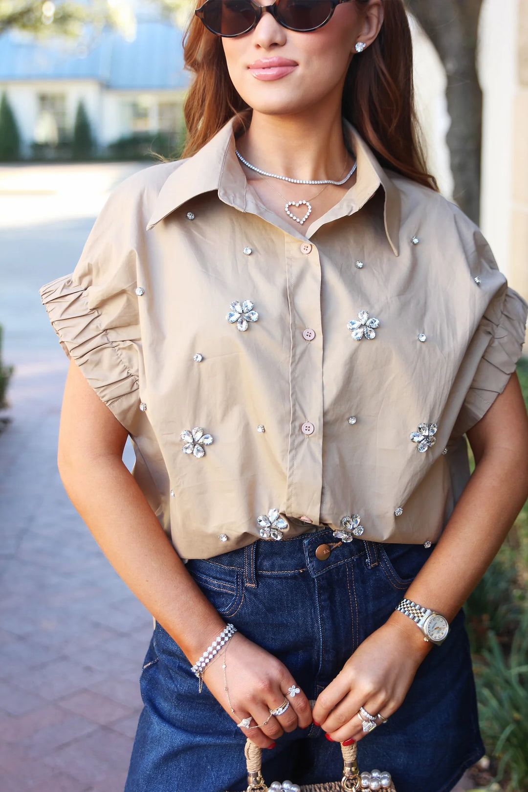 Khaki Poplin Jeweled Top