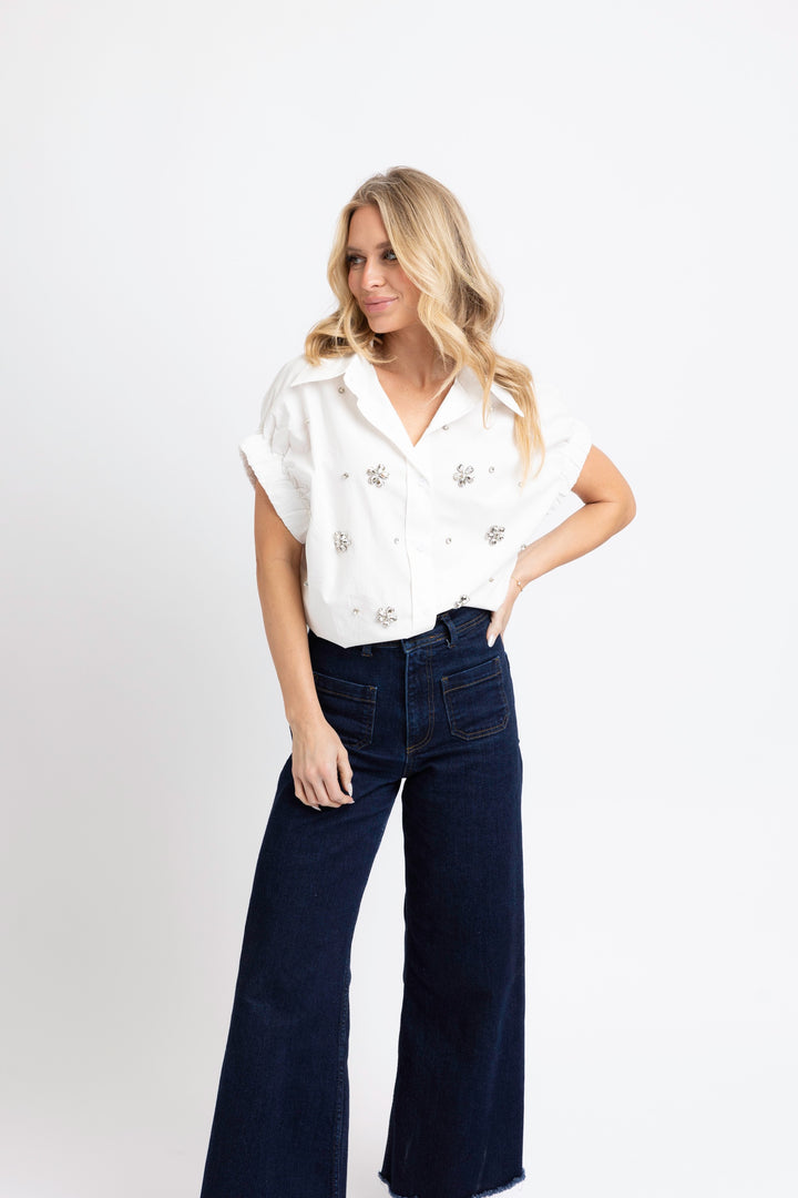 White Poplin Jeweled Top