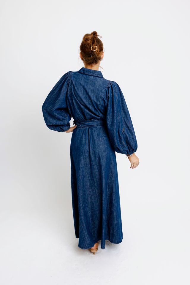 Denim Puff Slv Maxi Dress W/Belt