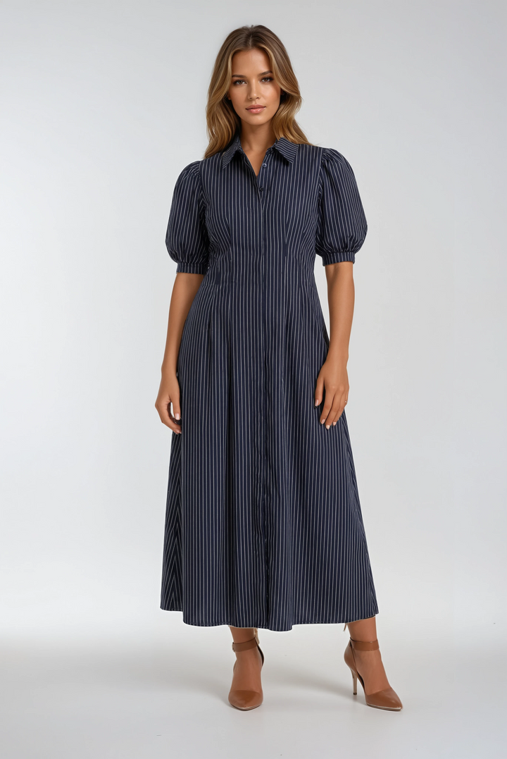 Navy Poplin Stripe Maxi Dress