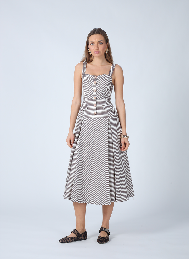 Pleated Midi Dress in Sandstone Stripe