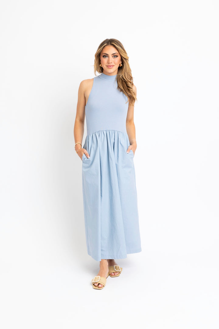 Blue Mockneck Maxi Dress