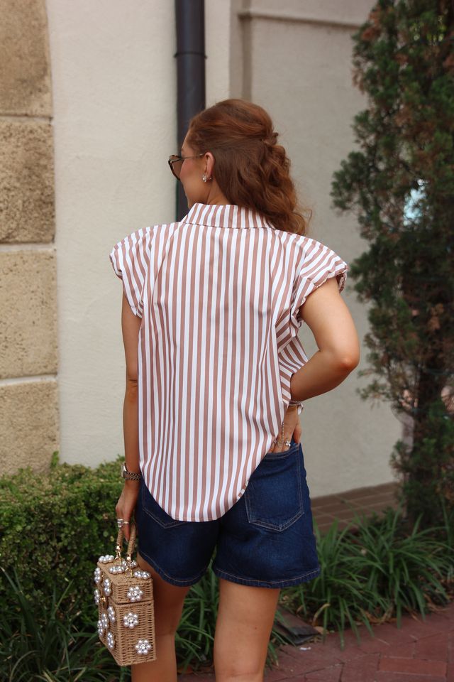 Brown Stripe Bubble Sleeve Top