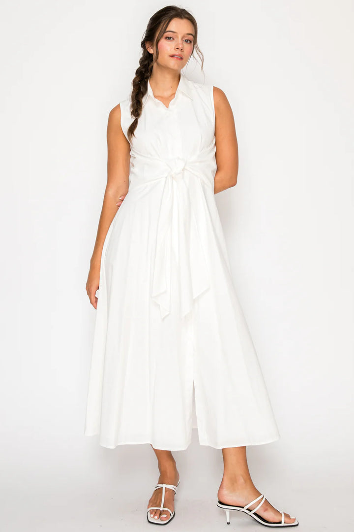 White Poplin Tie Midi Dress