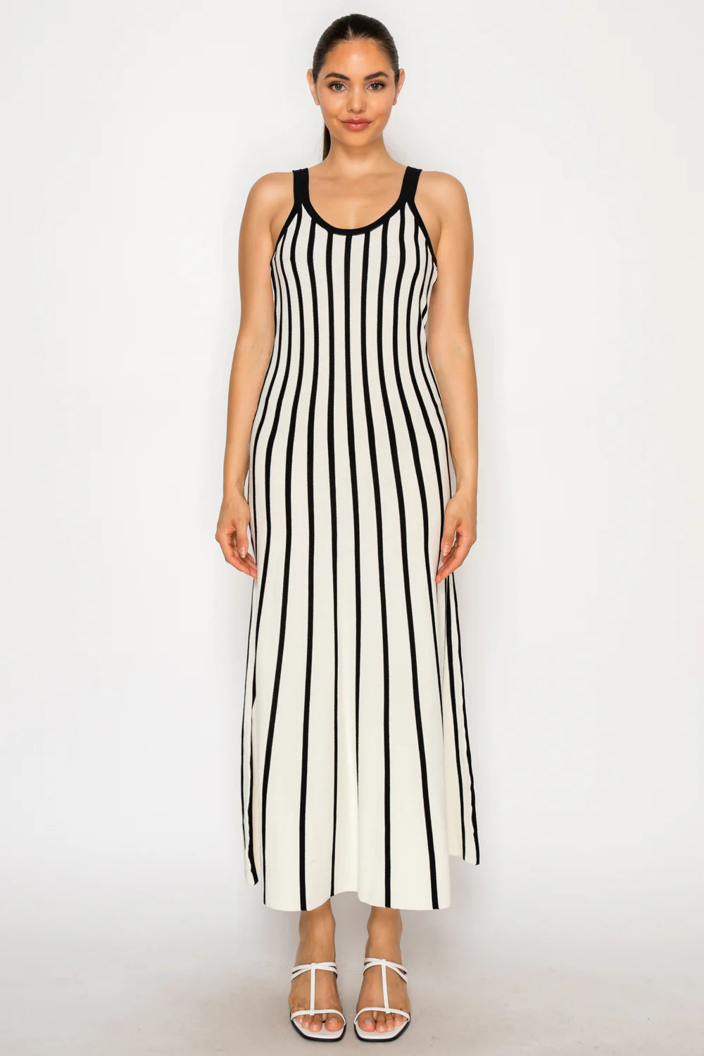 Ivory Striped Sweater Midi Dress