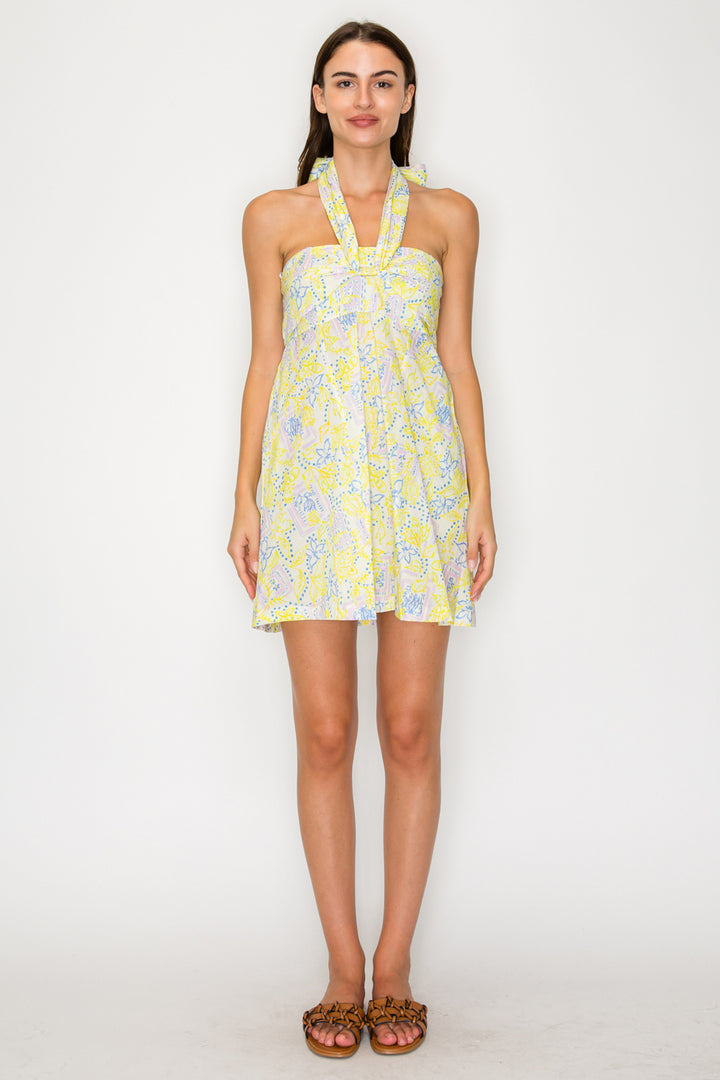 Lemon Breeze Halter Mini Dress