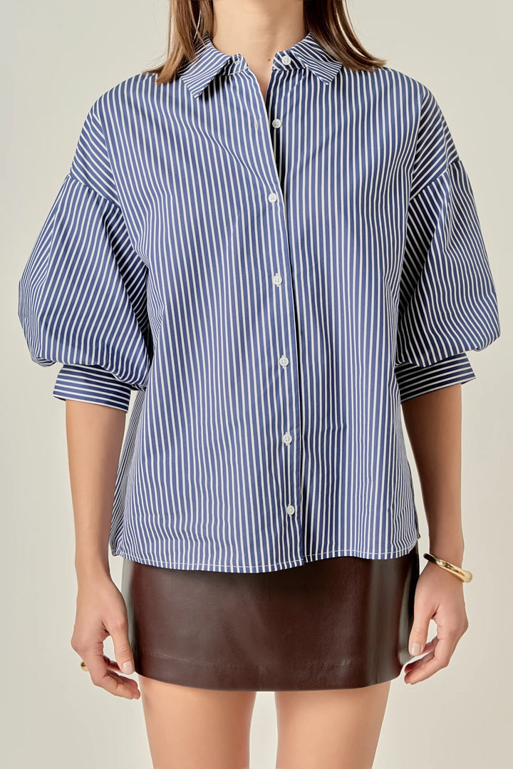 Navy Striped Balloon Sleeve Top