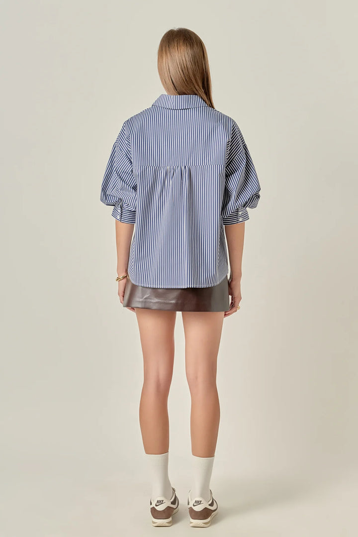 Navy Striped Balloon Sleeve Top